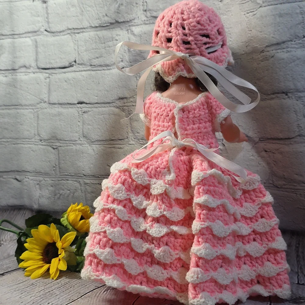 Vintage Angel Doll Brunette Crochet Dress and Accessories Pink White 14